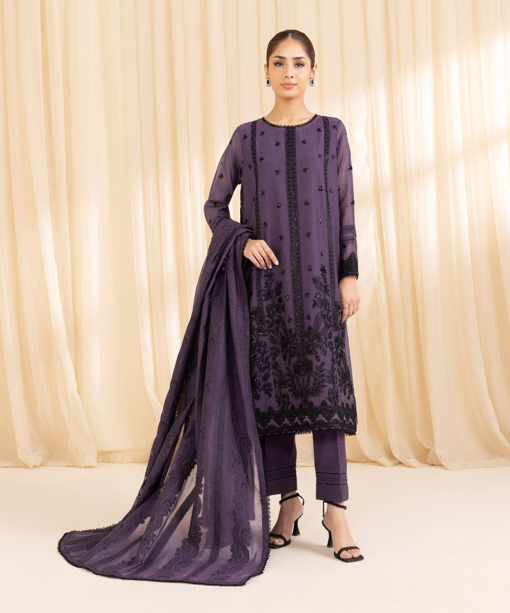 Women's Unstitched Blended Muslin Purple 3 Piece Suit