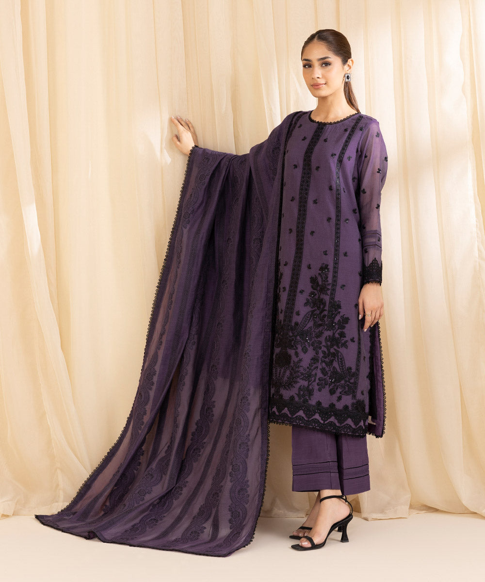 Women's Unstitched Blended Muslin Purple 3 Piece Suit