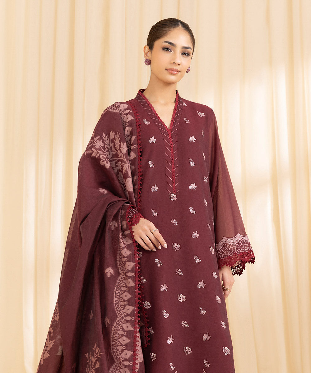 Women's Unstitched Blended Muslin Red 3 Piece Suit