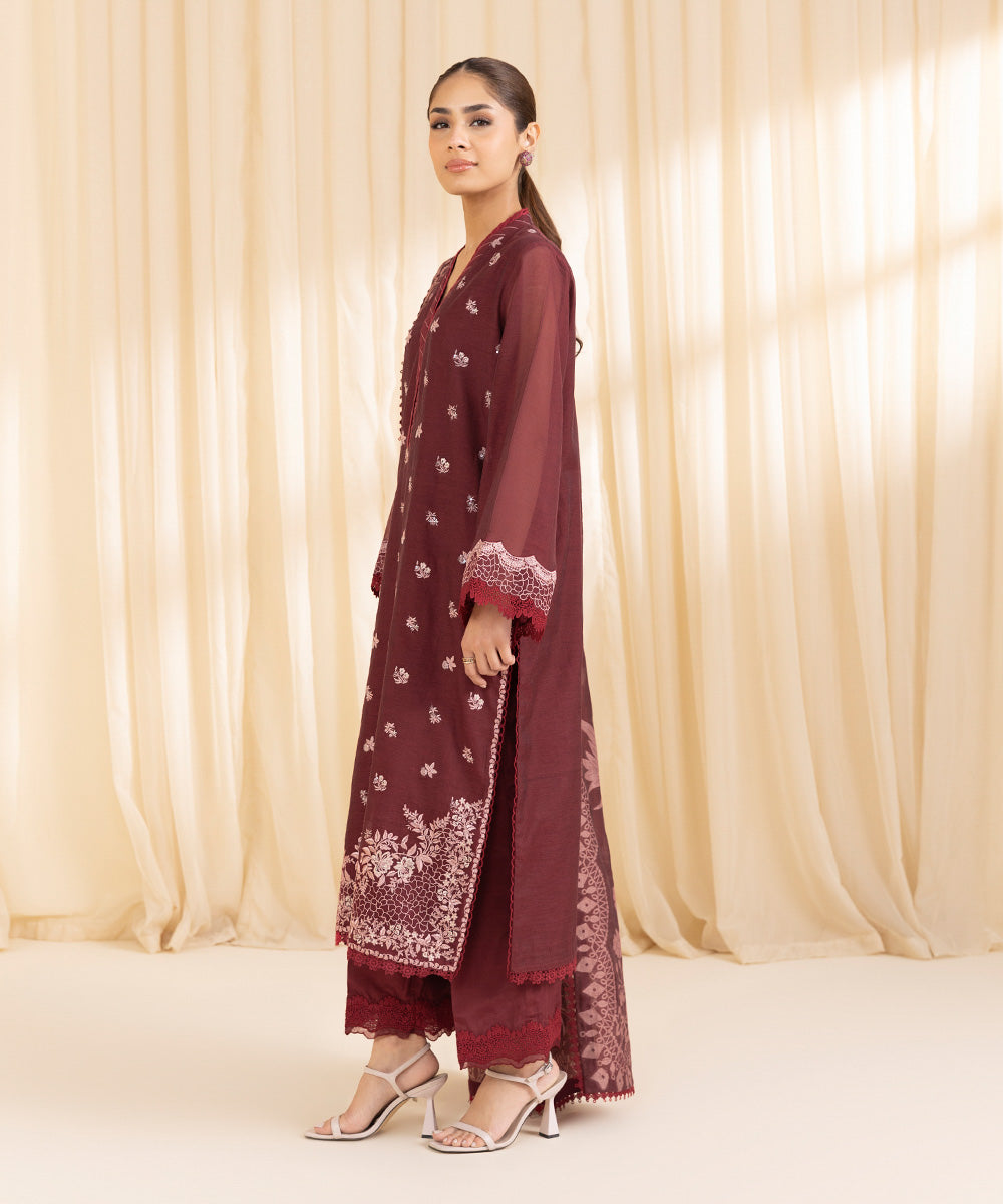 Women's Unstitched Blended Muslin Red 3 Piece Suit