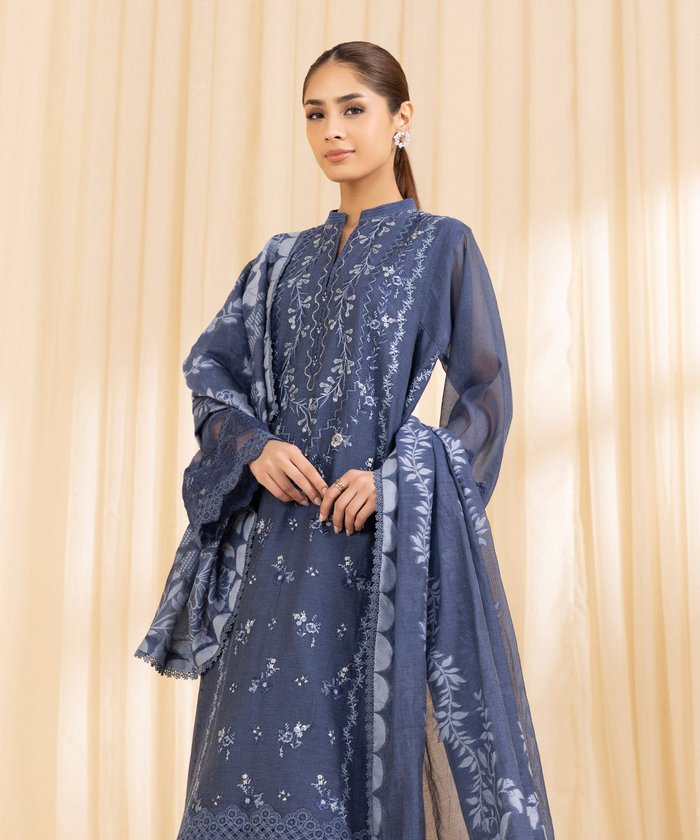 Women's Unstitched Blended Muslin Blue 3 Piece Suit