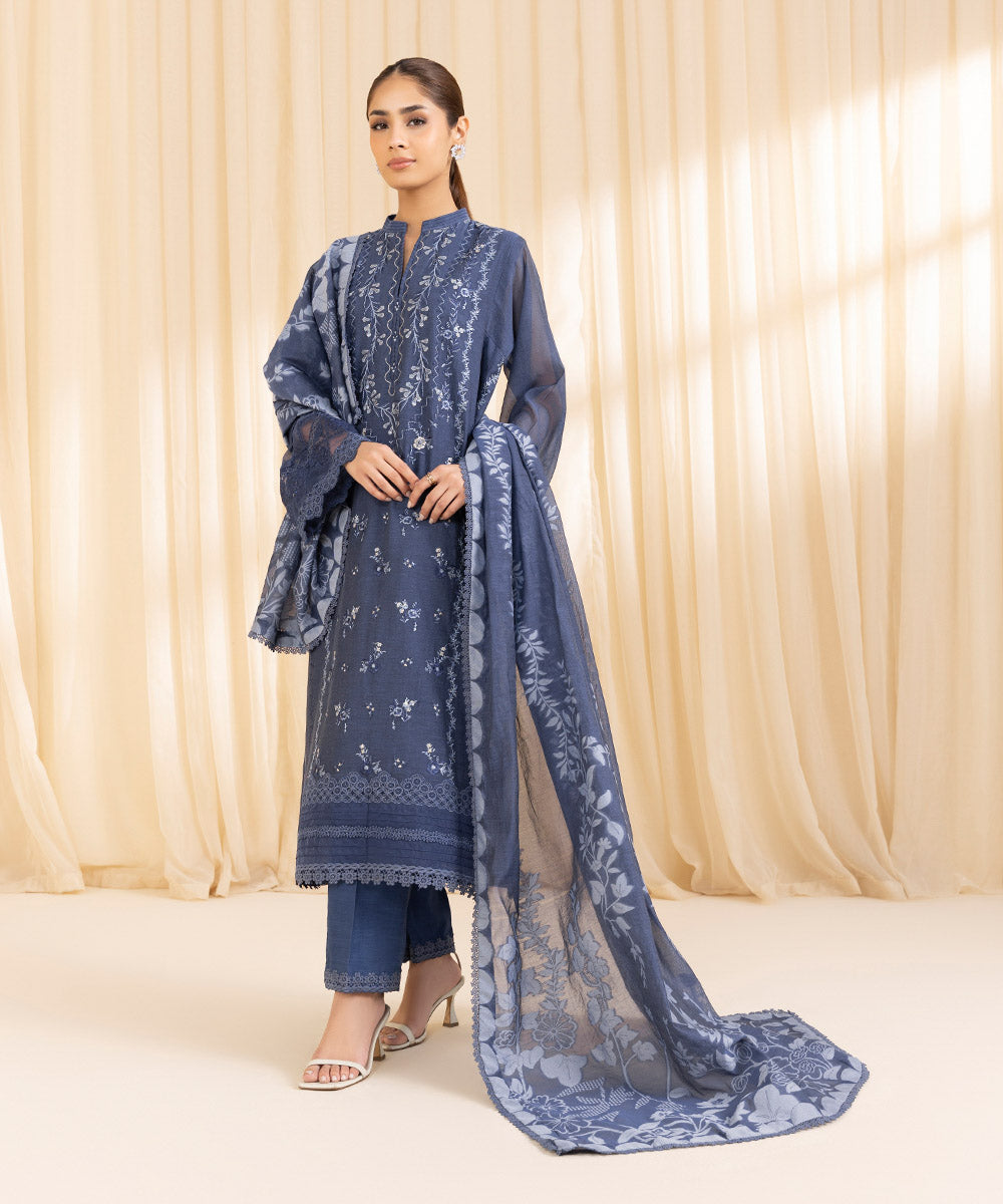 Women's Unstitched Blended Muslin Blue 3 Piece Suit