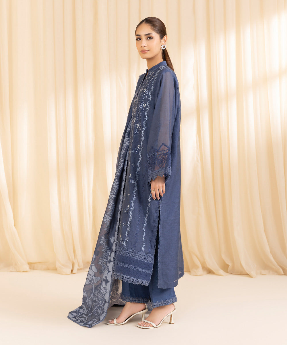 Women's Unstitched Blended Muslin Blue 3 Piece Suit