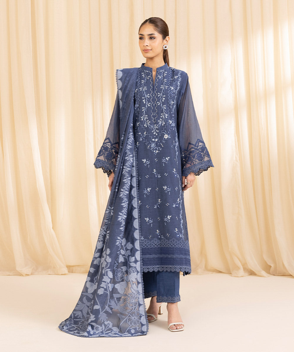 Women's Unstitched Blended Muslin Blue 3 Piece Suit