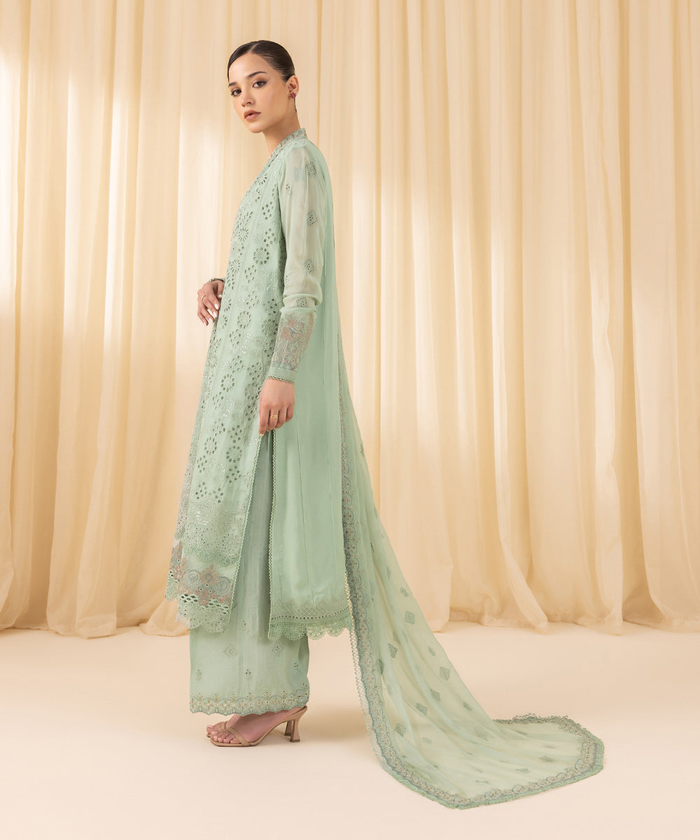 Women's Unstitched Embroidered Georgette Chiffon Green 3 Piece Suit