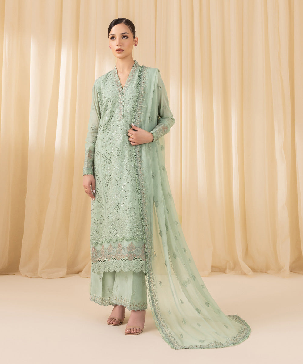 Women's Unstitched Embroidered Georgette Chiffon Green 3 Piece Suit