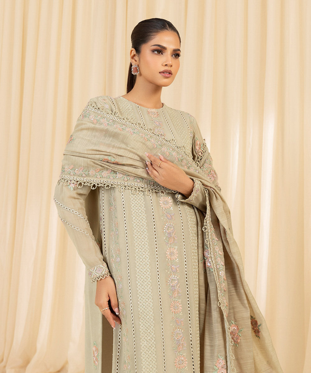 Women's Unstitched Embroidered Georgette Chiffon Beige 3 Piece Suit