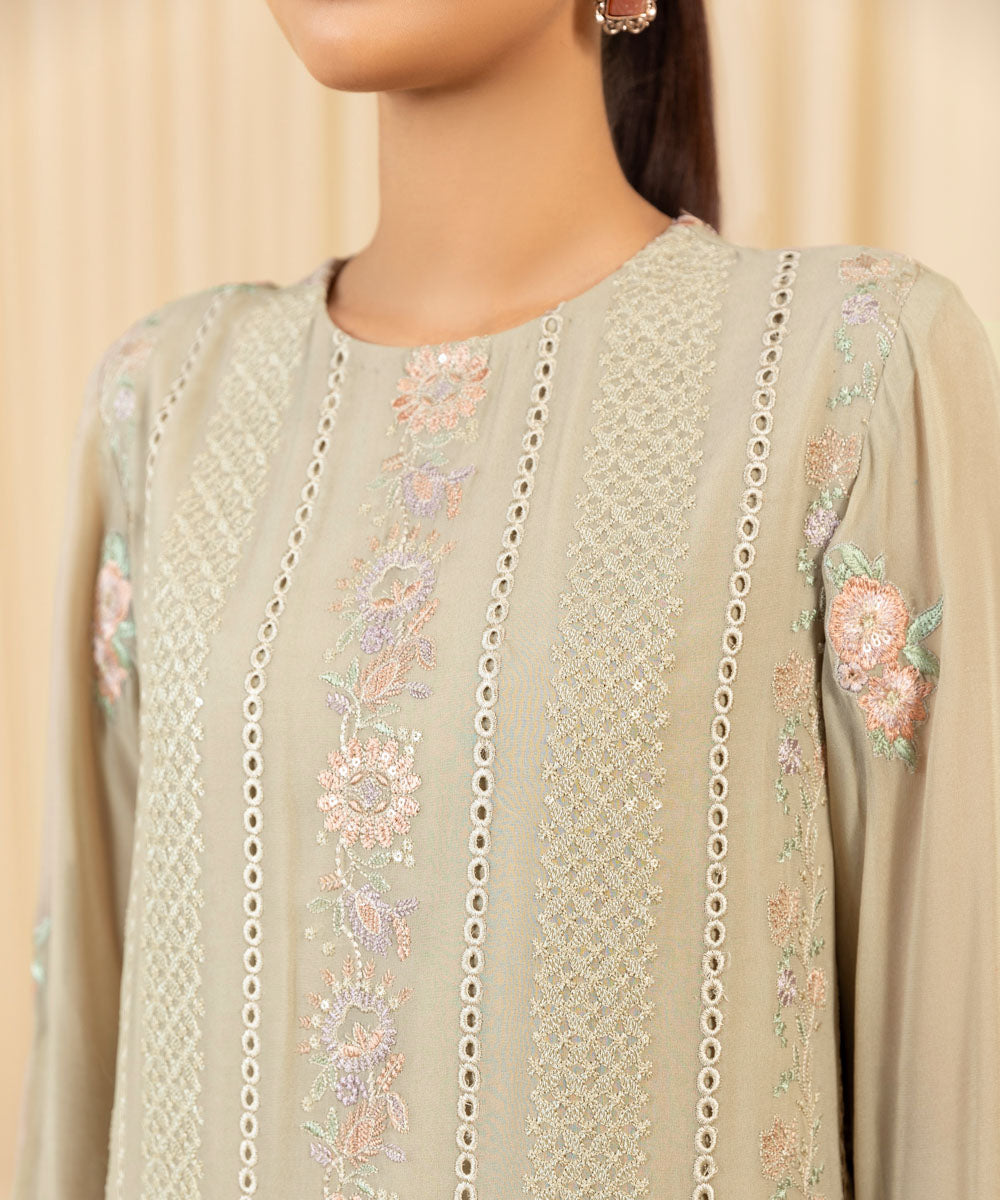 Women's Unstitched Embroidered Georgette Chiffon Beige 3 Piece Suit