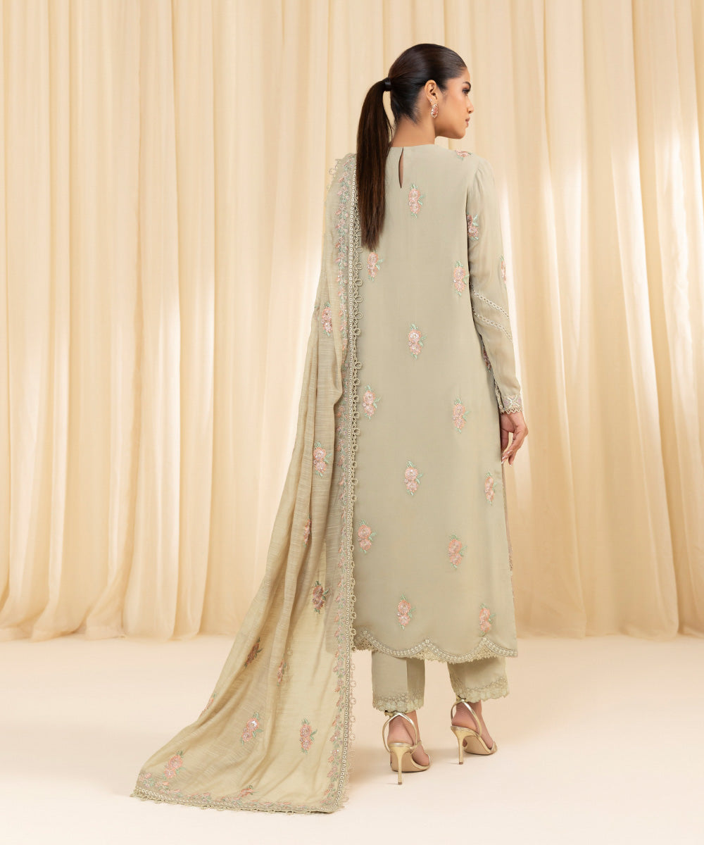 Women's Unstitched Embroidered Georgette Chiffon Beige 3 Piece Suit