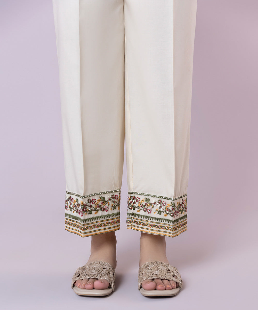 Women's Pret Cambric Embroidered Off White Straight Pants