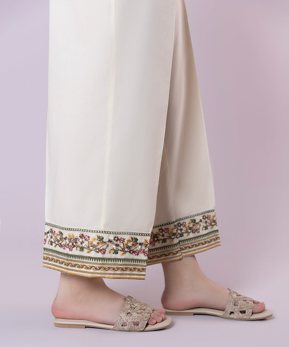 Women's Pret Cambric Embroidered Off White Straight Pants