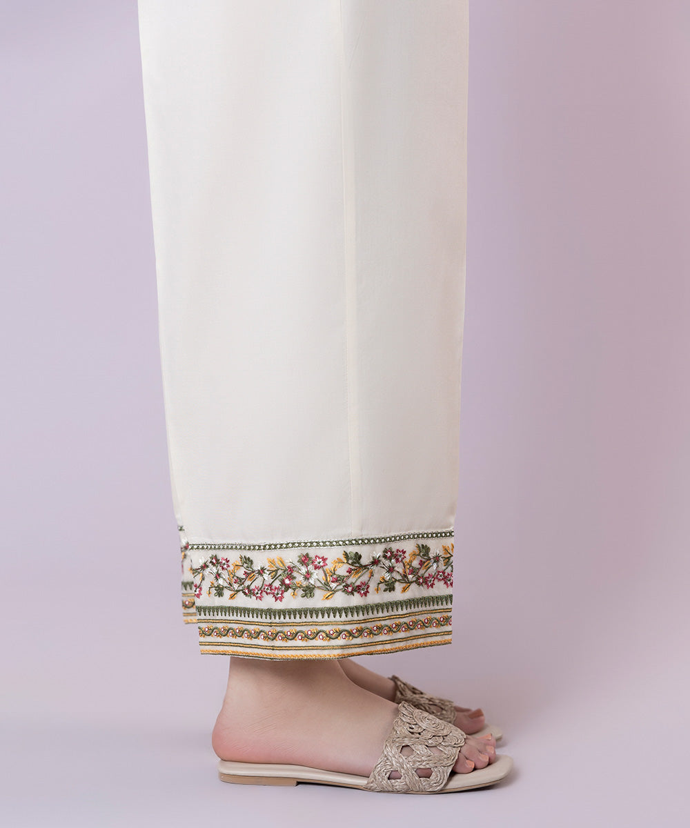 Women's Pret Cambric Embroidered Off White Straight Pants