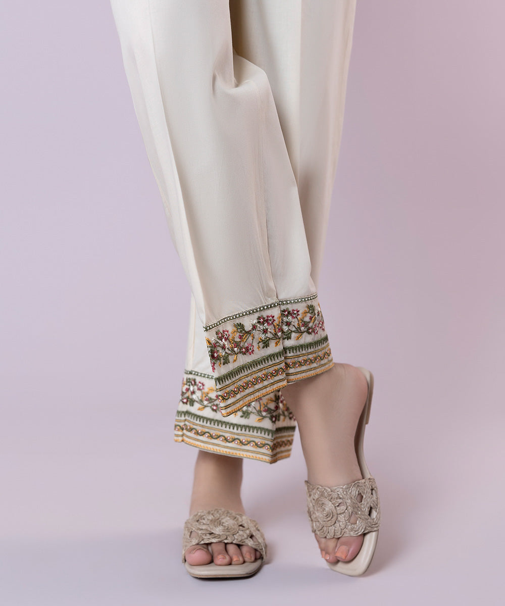 Women's Pret Cambric Embroidered Off White Straight Pants