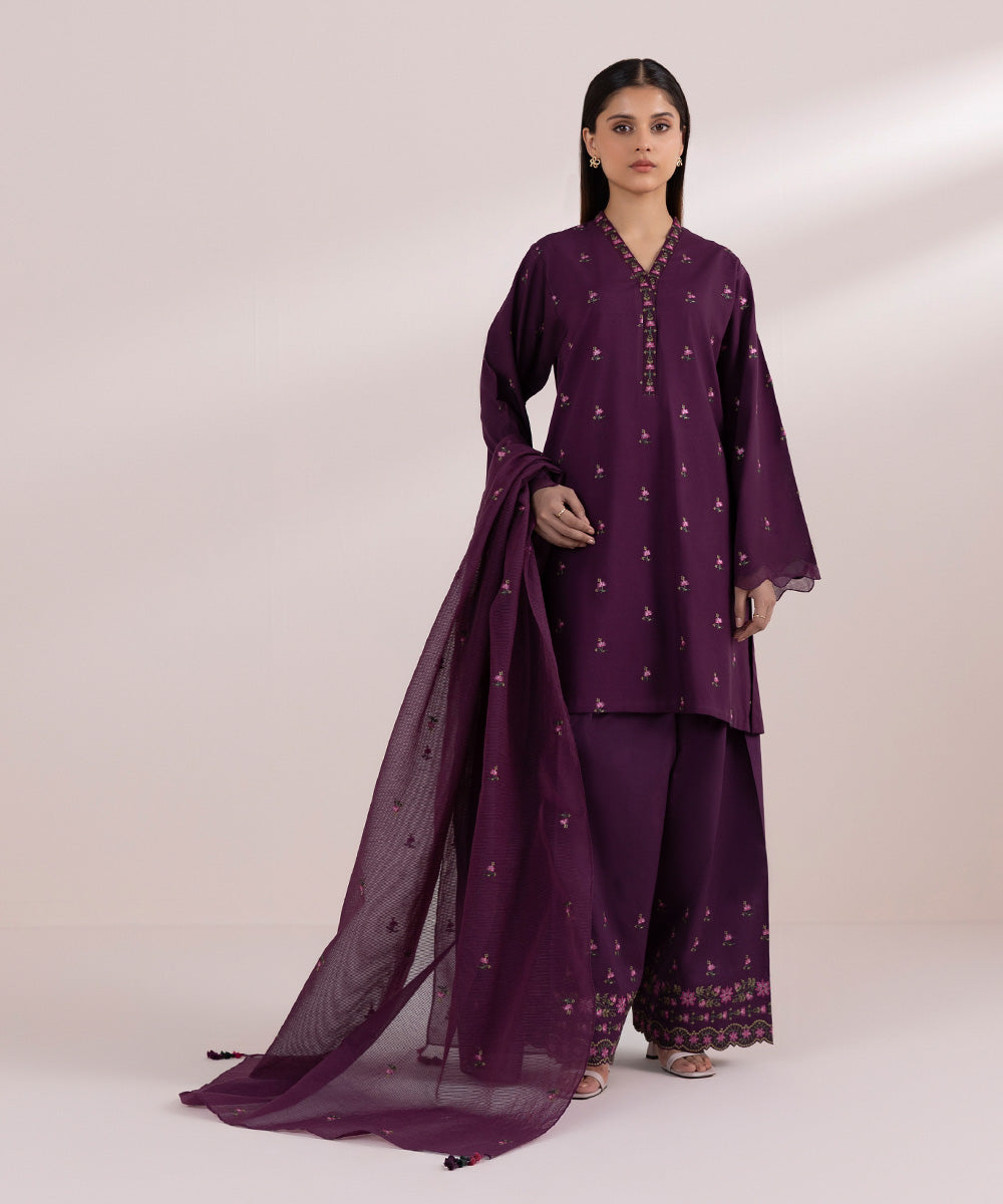 Women's Unstitched Arabic Lawn Purple Embroidered 3 Piece Suit