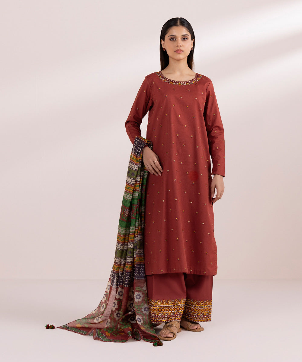 Women's Unstitched Lawn Red Embroidered 3 Piece Suit