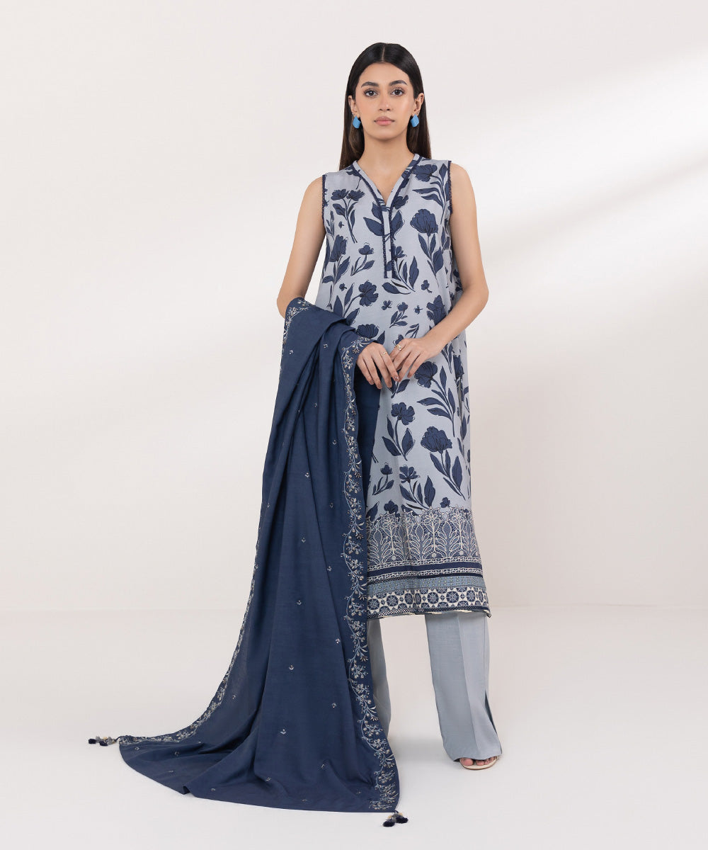 Women's Unstitched Dull Raw Silk Embroidered Blue 3 Piece Suit