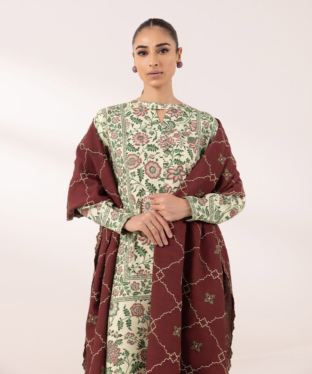 Women's Unstitched Dull Raw Silk Embroidered Multi 3 Piece Suit