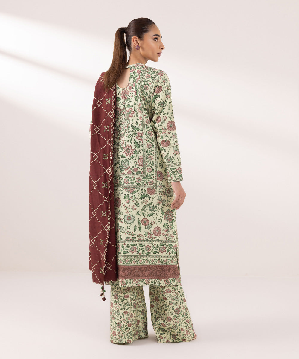 Women's Unstitched Dull Raw Silk Embroidered Multi 3 Piece Suit