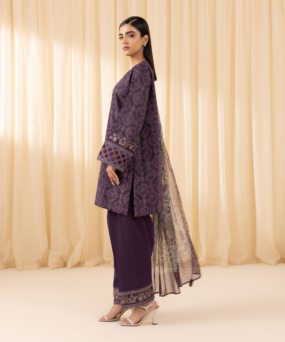 Women's Unstitched Embroidered Cotton Viscose Purple 3 Piece Suit