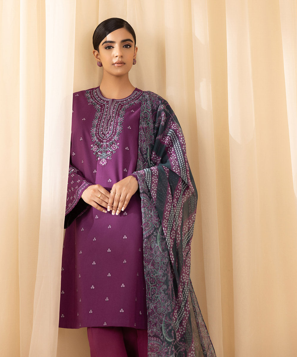 Women's Unstitched Embroidered Cross Hatch Purple 3 Piece Suit