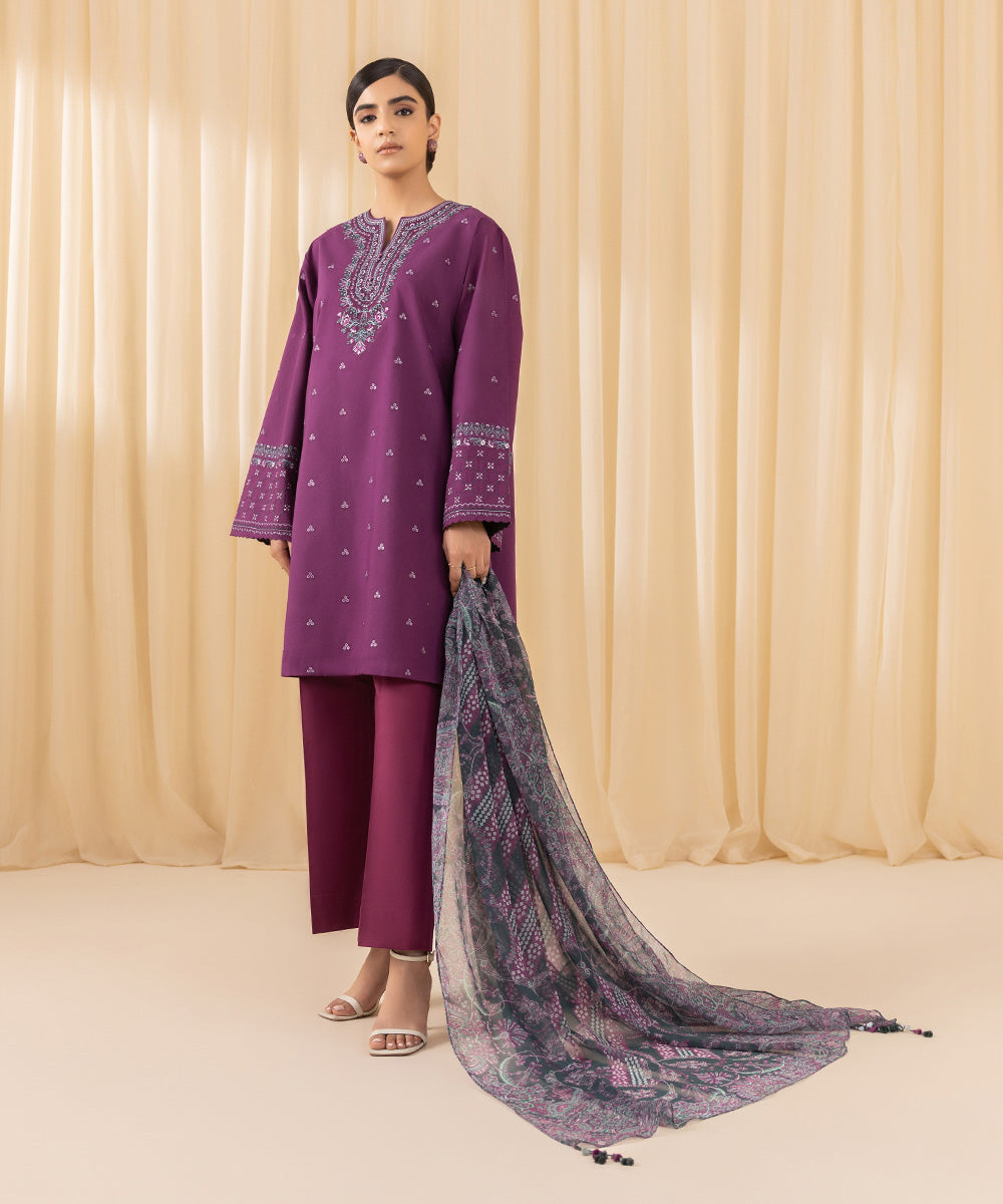 Women's Unstitched Embroidered Cross Hatch Purple 3 Piece Suit