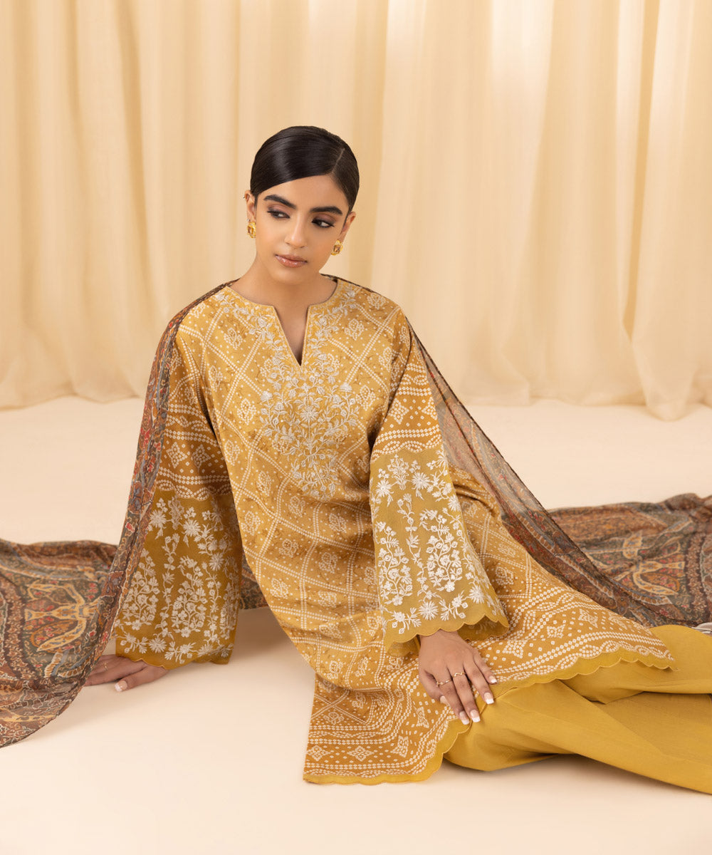 Women's Unstitched Embroidered Cotton Viscose Yellow 3 Piece Suit