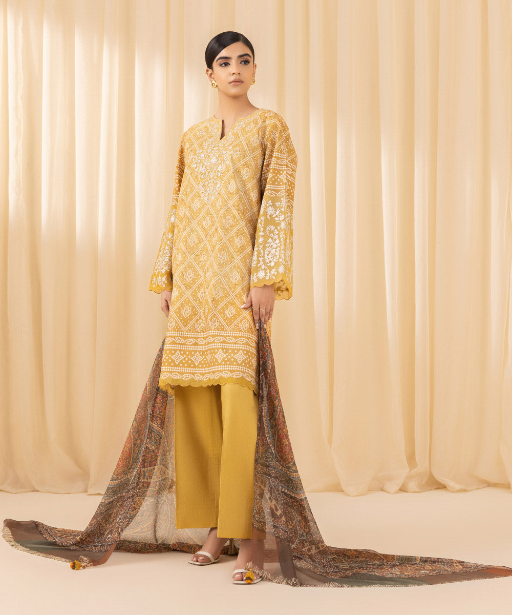 Women's Unstitched Embroidered Cotton Viscose Yellow 3 Piece Suit