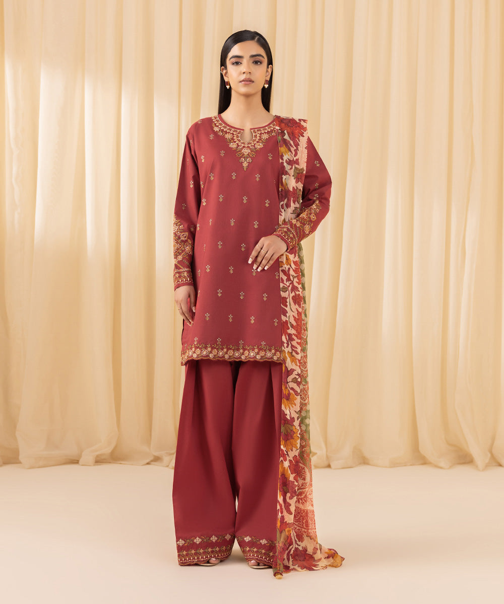 Women's Unstitched Embroidered Cross Hatch Red 3 Piece Suit