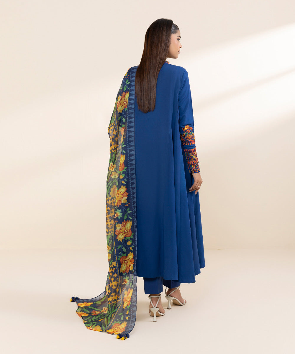 Women's Unstitched Arabic Lawn Blue Embroidered 3 Piece Suit