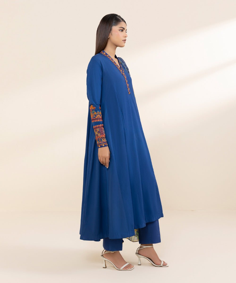 Women's Unstitched Arabic Lawn Blue Embroidered 3 Piece Suit