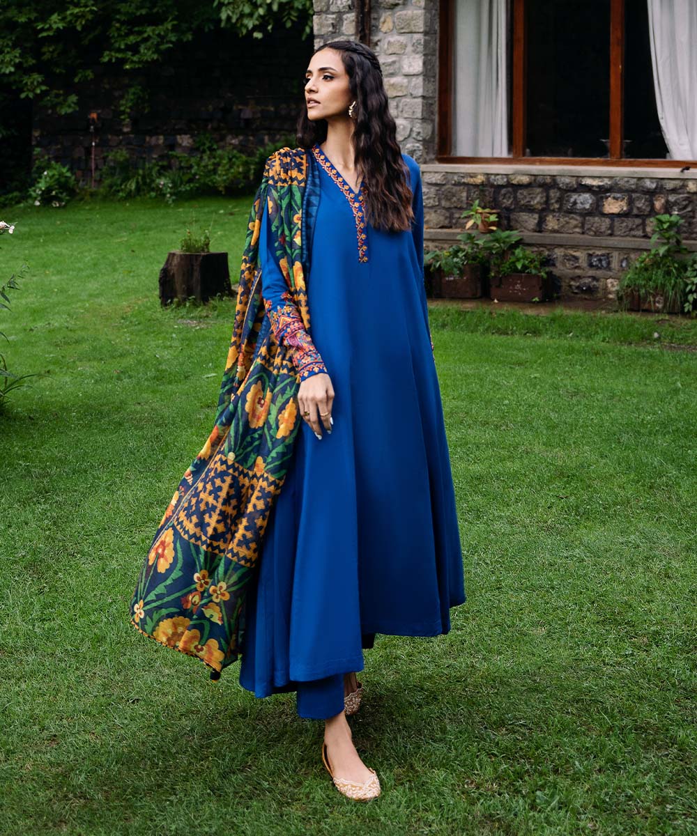 Women's Unstitched Arabic Lawn Blue Embroidered 3 Piece Suit