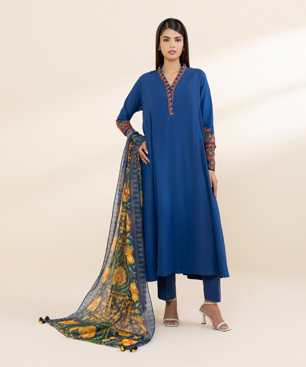 Women's Unstitched Arabic Lawn Blue Embroidered 3 Piece Suit