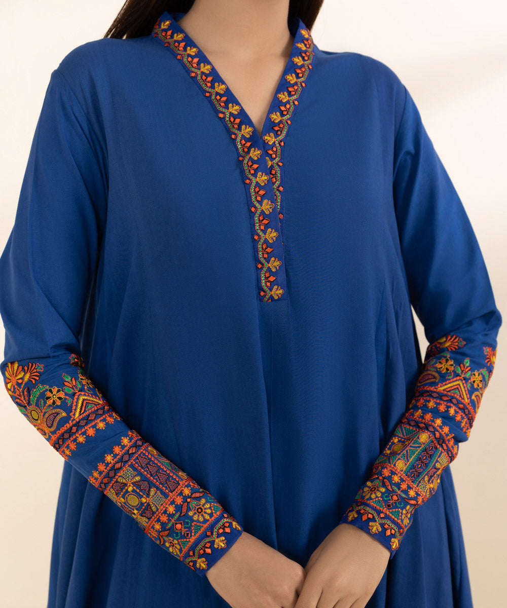 Women's Unstitched Arabic Lawn Blue Embroidered 3 Piece Suit