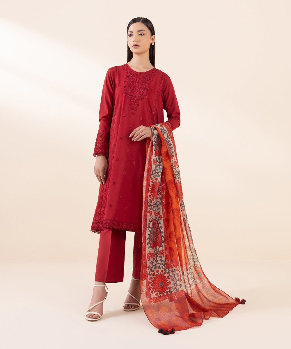 Women's Unstitched Arabic Lawn Red Embroidered 3 Piece Suit