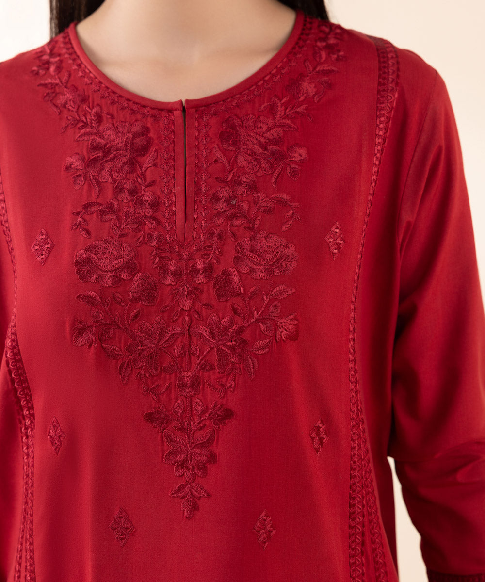 Women's Unstitched Arabic Lawn Red Embroidered 3 Piece Suit