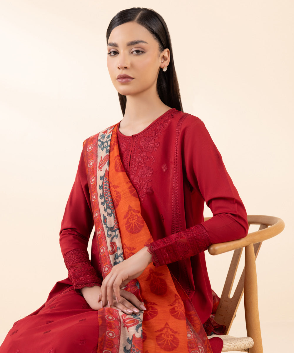 Women's Unstitched Arabic Lawn Red Embroidered 3 Piece Suit