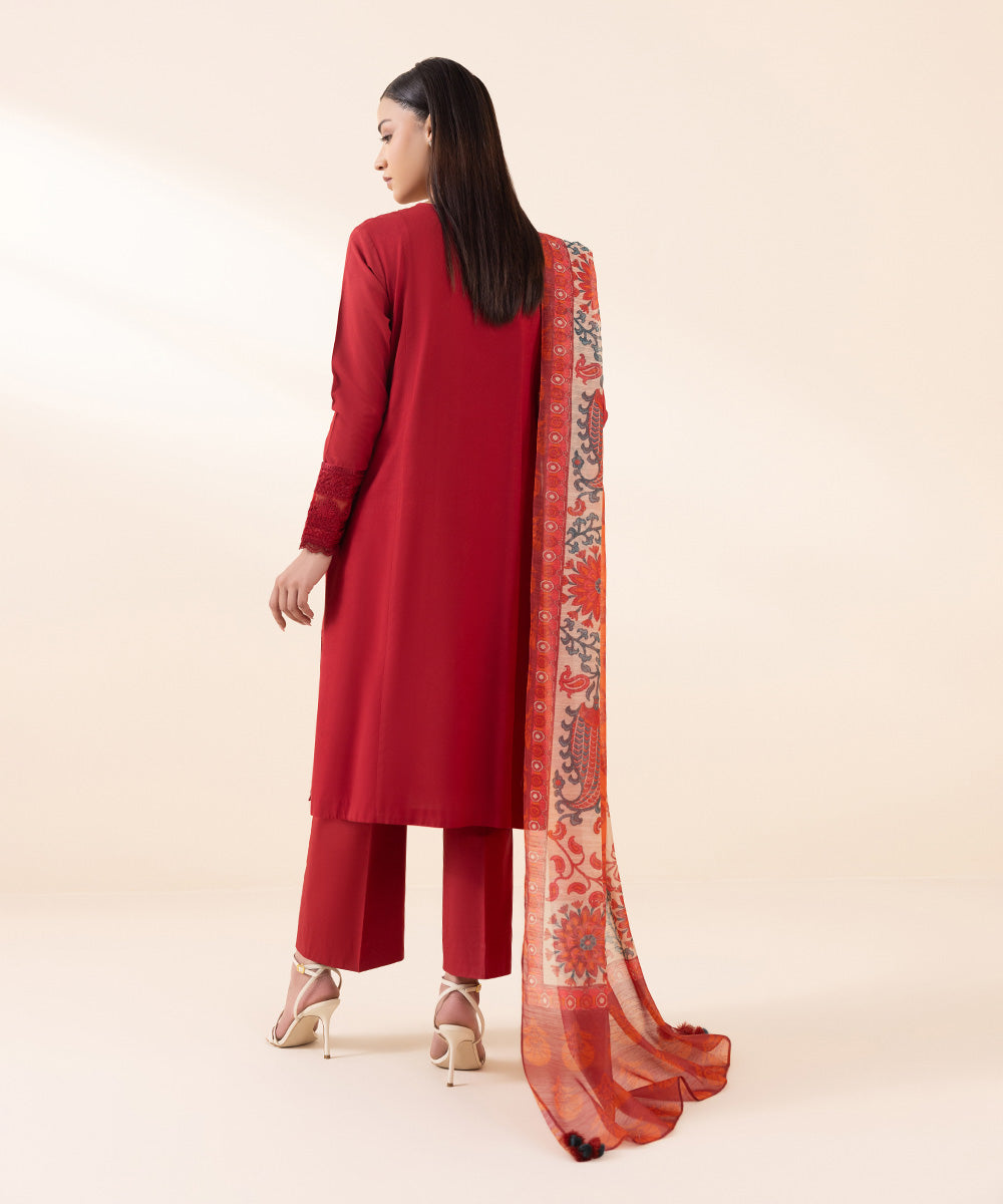 Women's Unstitched Arabic Lawn Red Embroidered 3 Piece Suit