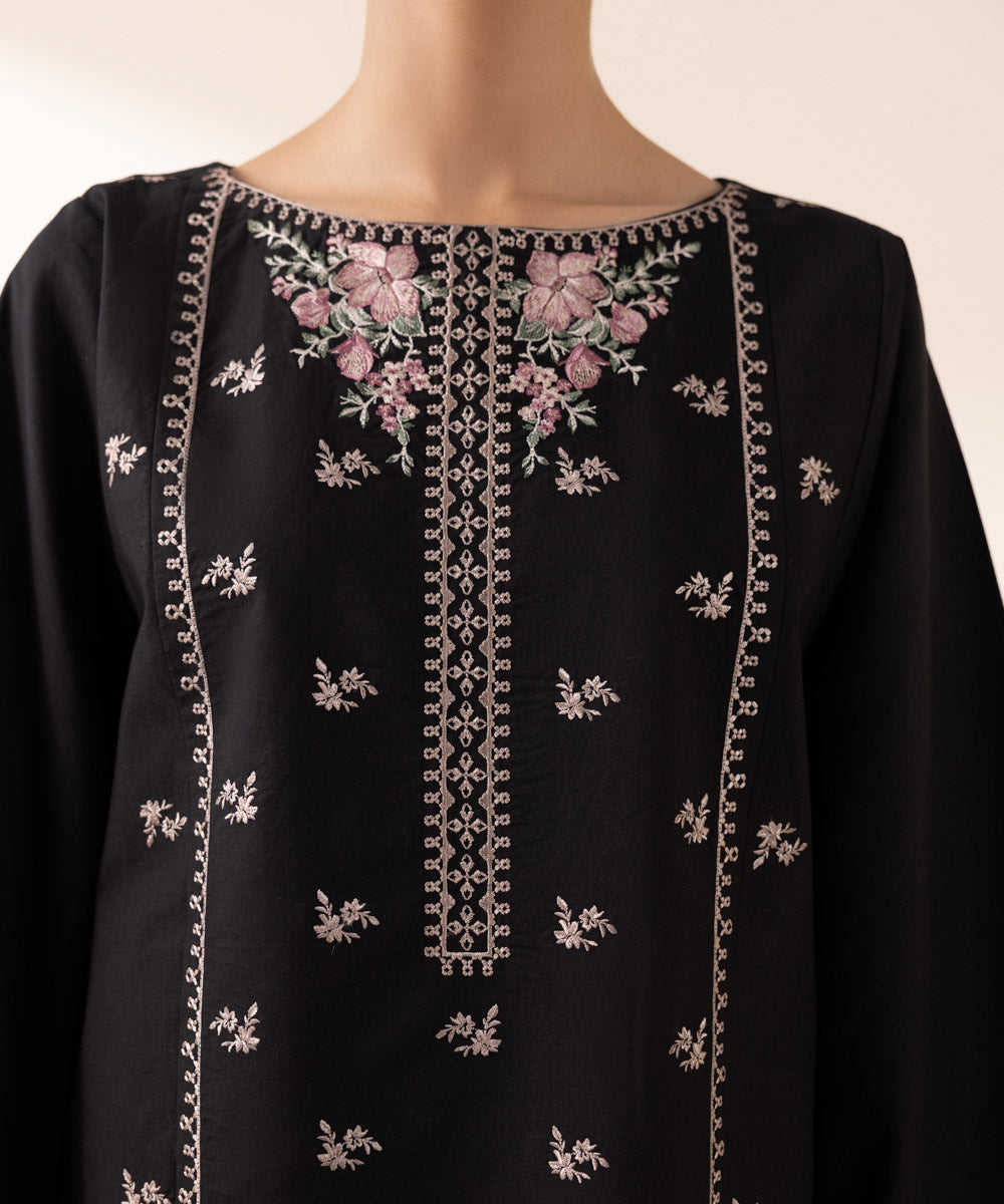 Women's Unstitched Arabic Lawn Black Embroidered 3 Piece Suit