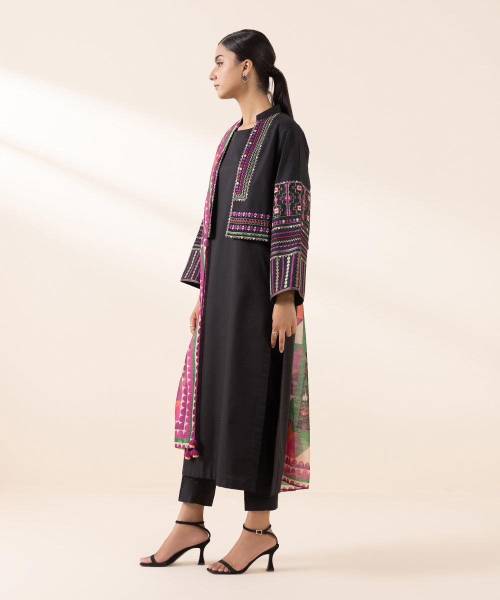 Women's Unstitched Arabic Lawn Black Embroidered 3 Piece Suit