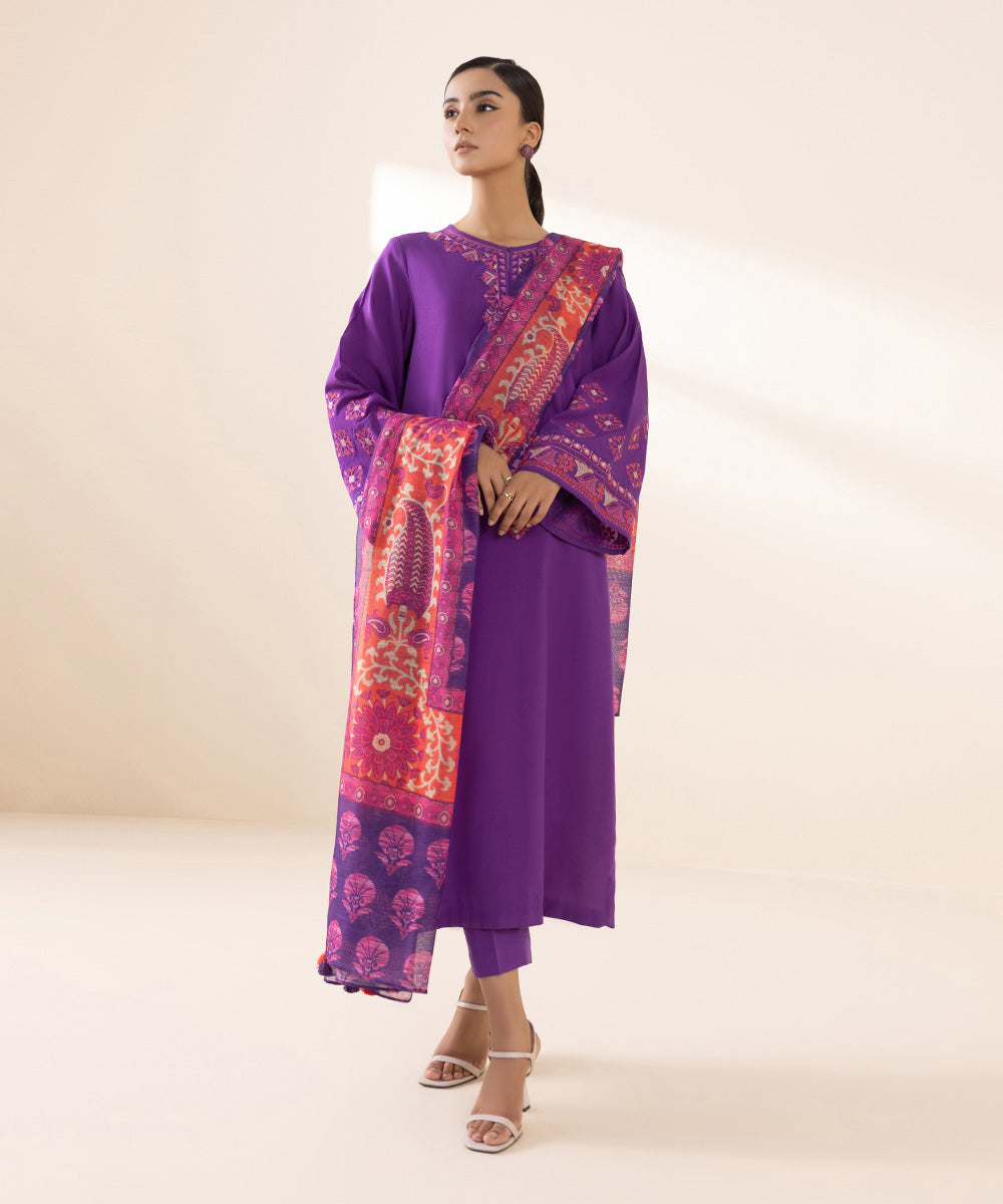 Women's Unstitched Arabic Lawn Purple Embroidered 3 Piece Suit