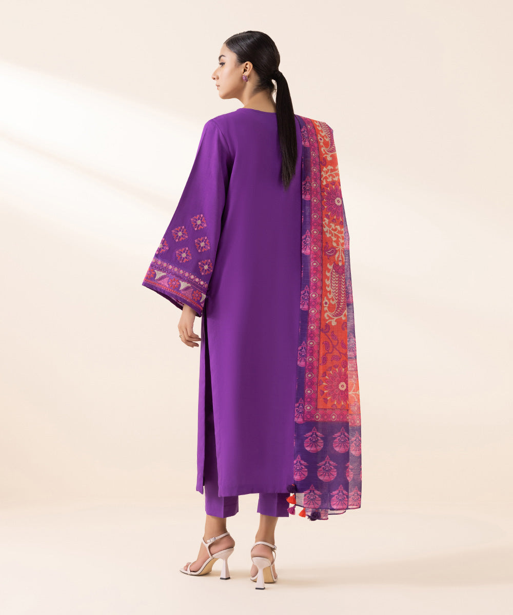 Women's Unstitched Arabic Lawn Purple Embroidered 3 Piece Suit