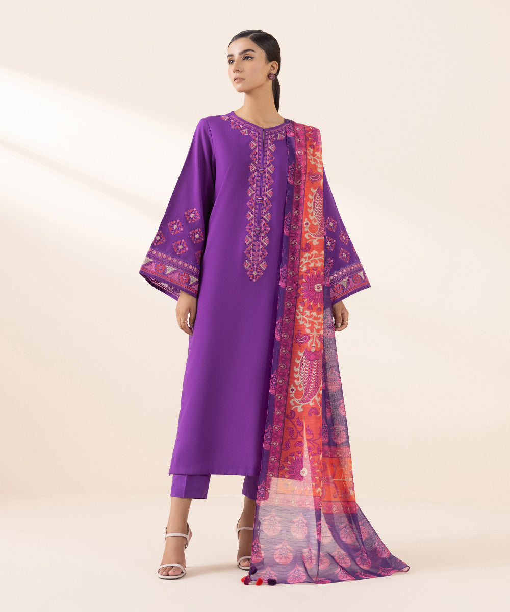 Women's Unstitched Arabic Lawn Purple Embroidered 3 Piece Suit