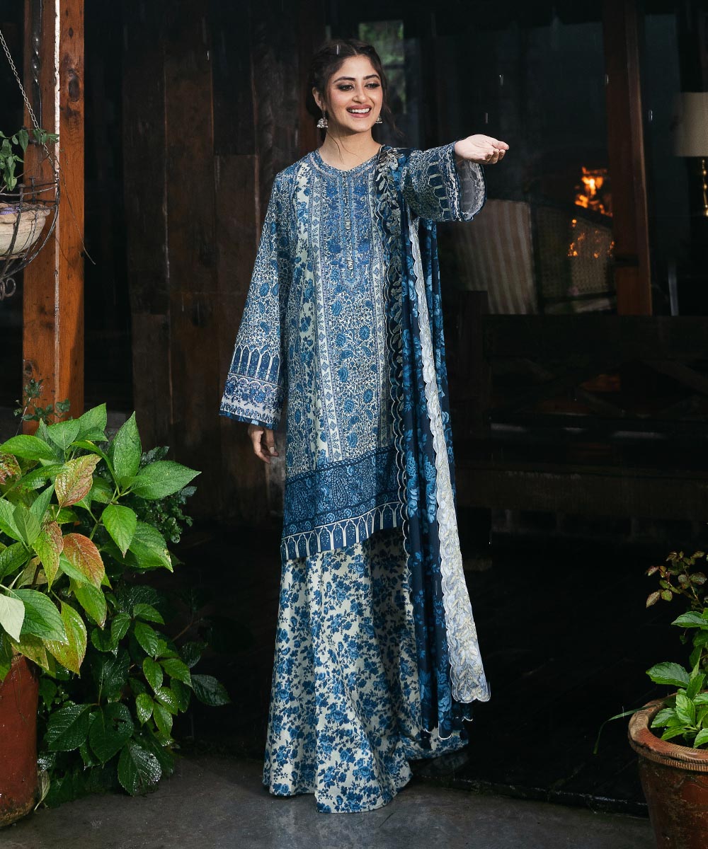 Women's Unstitched Linen Blue Embroidered 3 Piece Suit