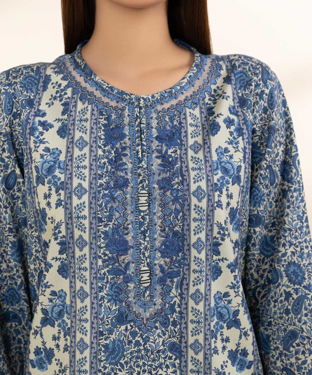 Women's Unstitched Linen Blue Embroidered 3 Piece Suit