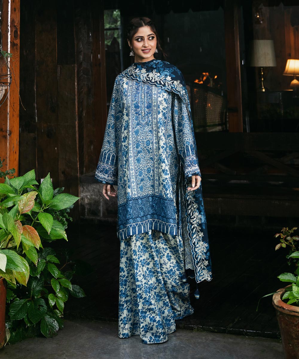 Women's Unstitched Linen Blue Embroidered 3 Piece Suit