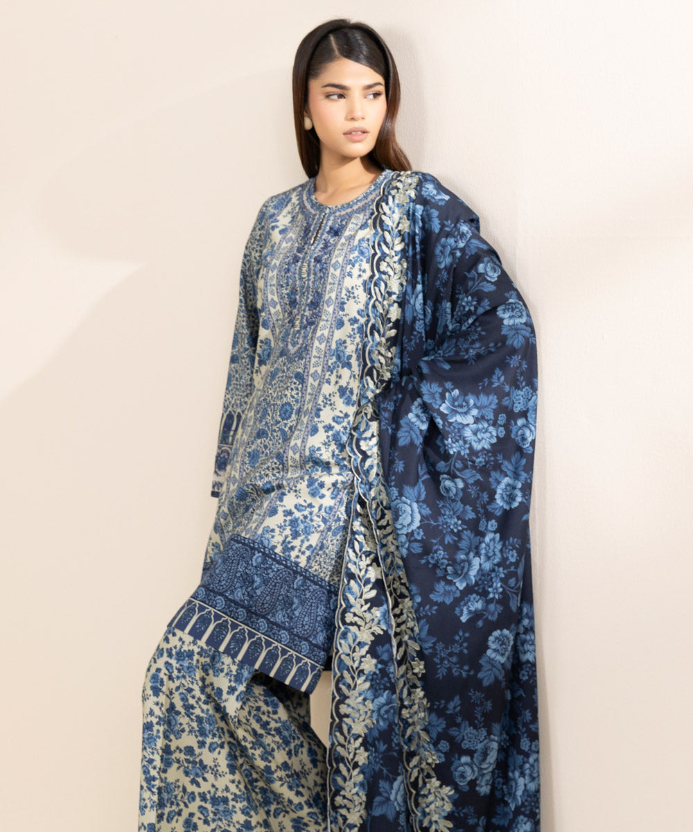 Women's Unstitched Linen Blue Embroidered 3 Piece Suit