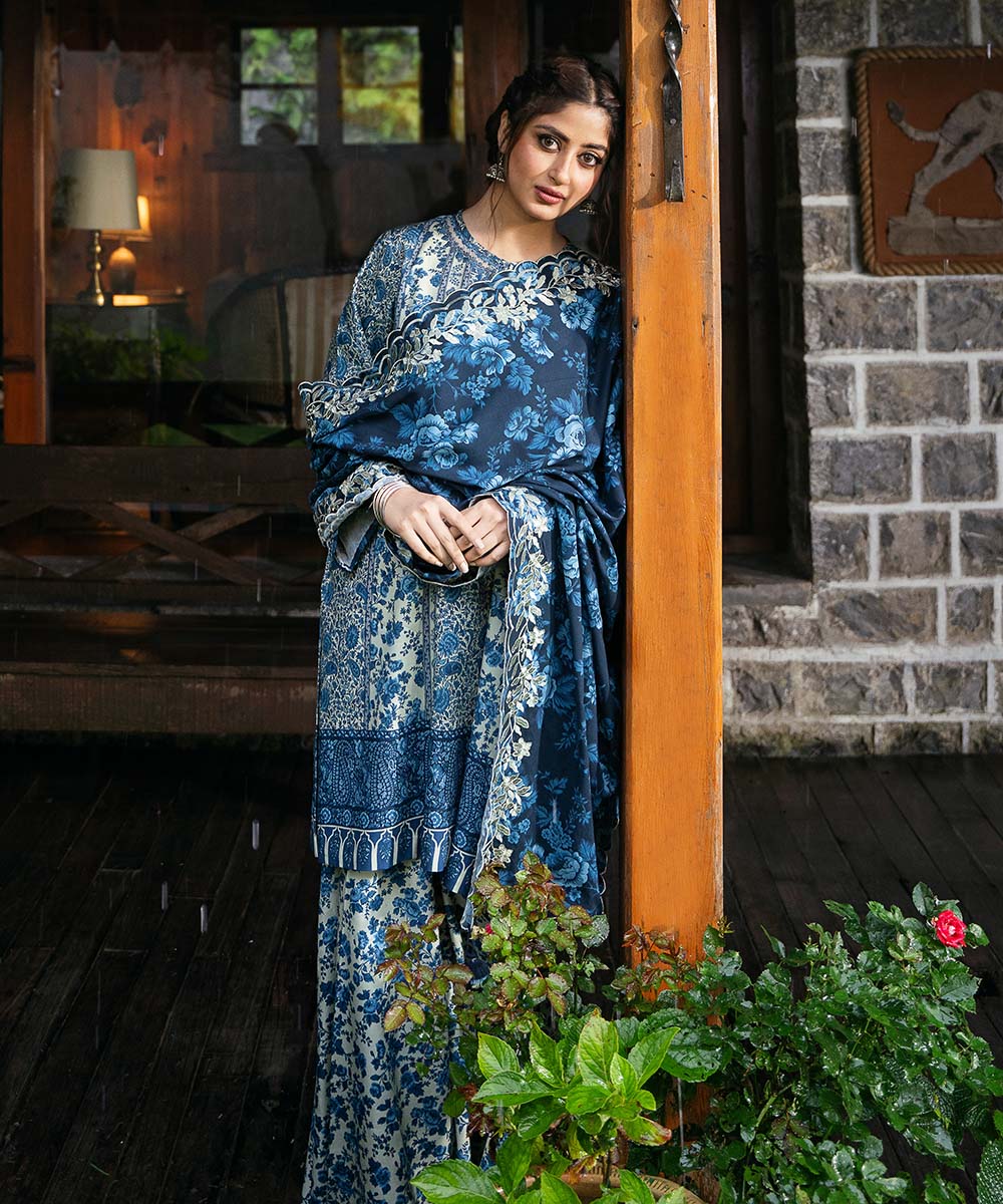 Women's Unstitched Linen Blue Embroidered 3 Piece Suit