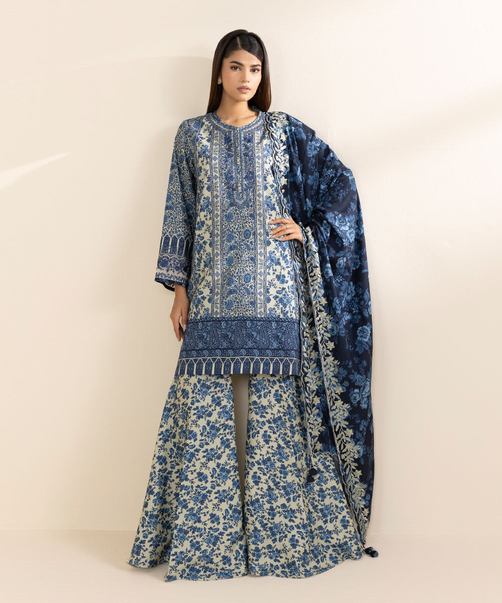 Women's Unstitched Linen Blue Embroidered 3 Piece Suit