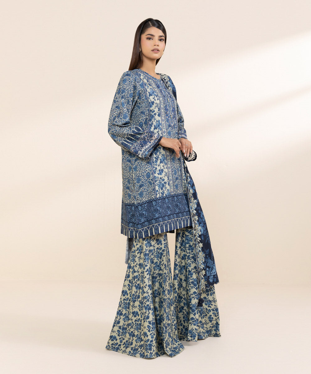 Women's Unstitched Linen Blue Embroidered 3 Piece Suit