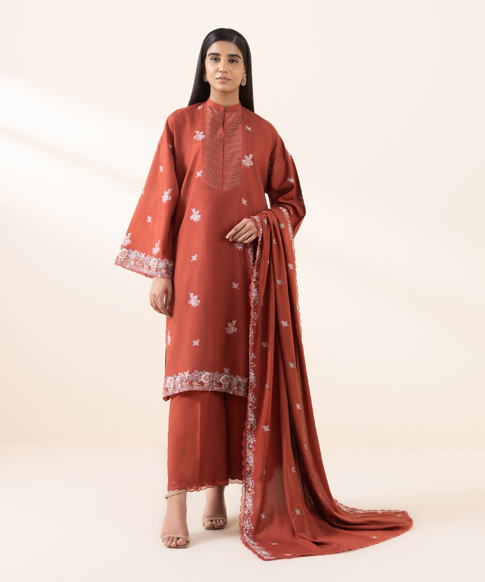 Women's Unstitched Linen Embroidered Red 3 Piece Suit